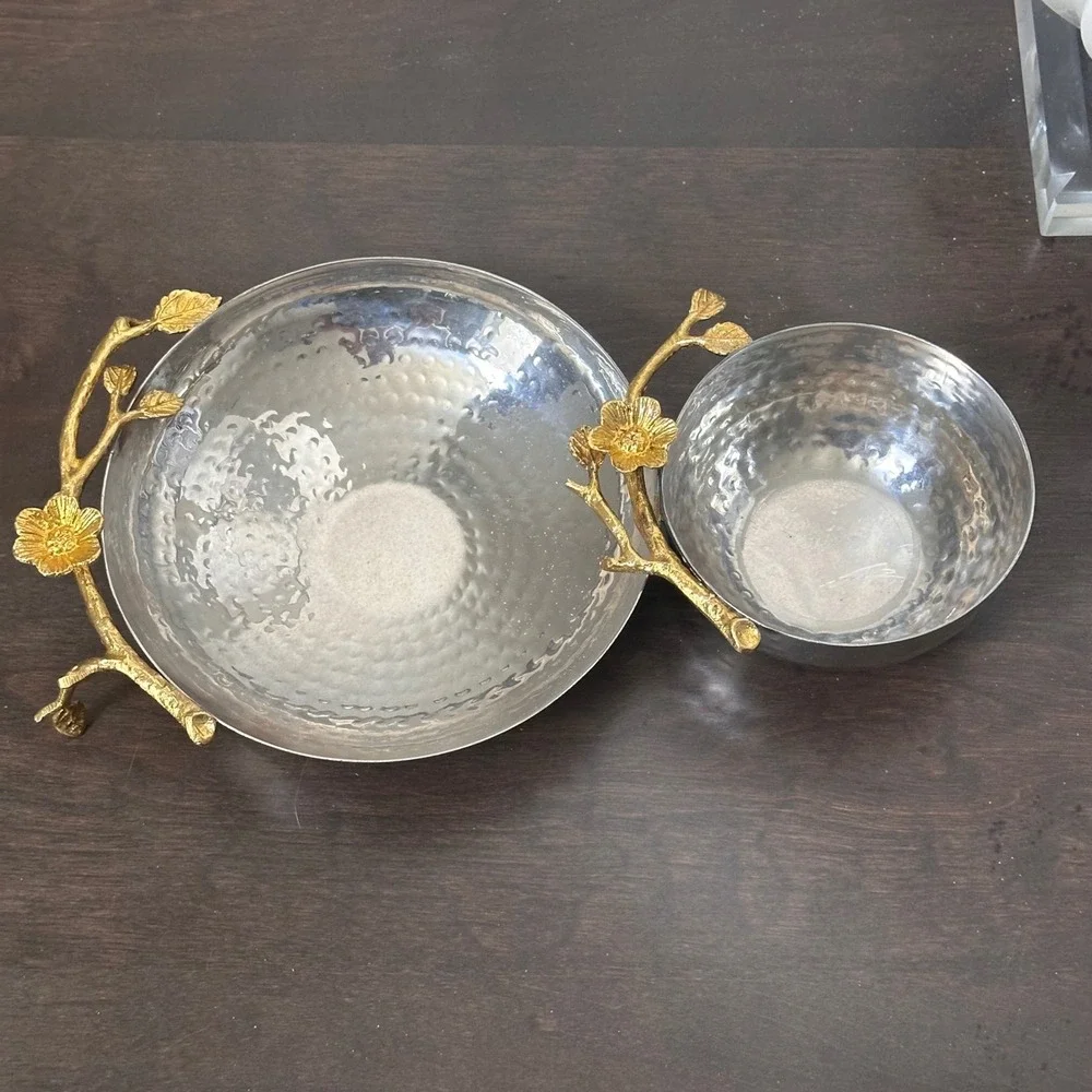 Hammered Metal Chip and Dip Serving Bowl Set Gold Floral Branch Accent India